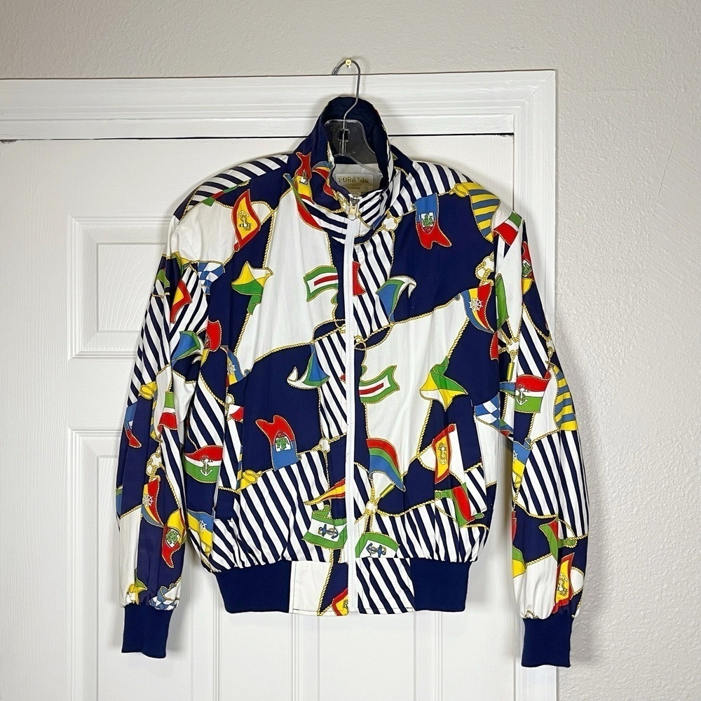 Vtg 80s Yachting Bomber Jacket Sailing Art Preppy Nautical Tennis Vaporwave 90s